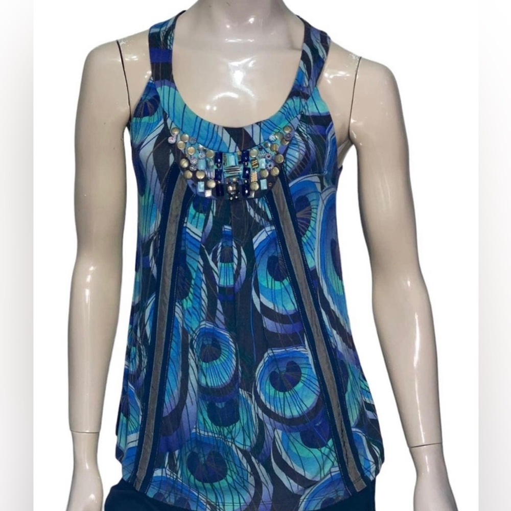 Anthropologie One September Peacock Print Beaded Tank Top